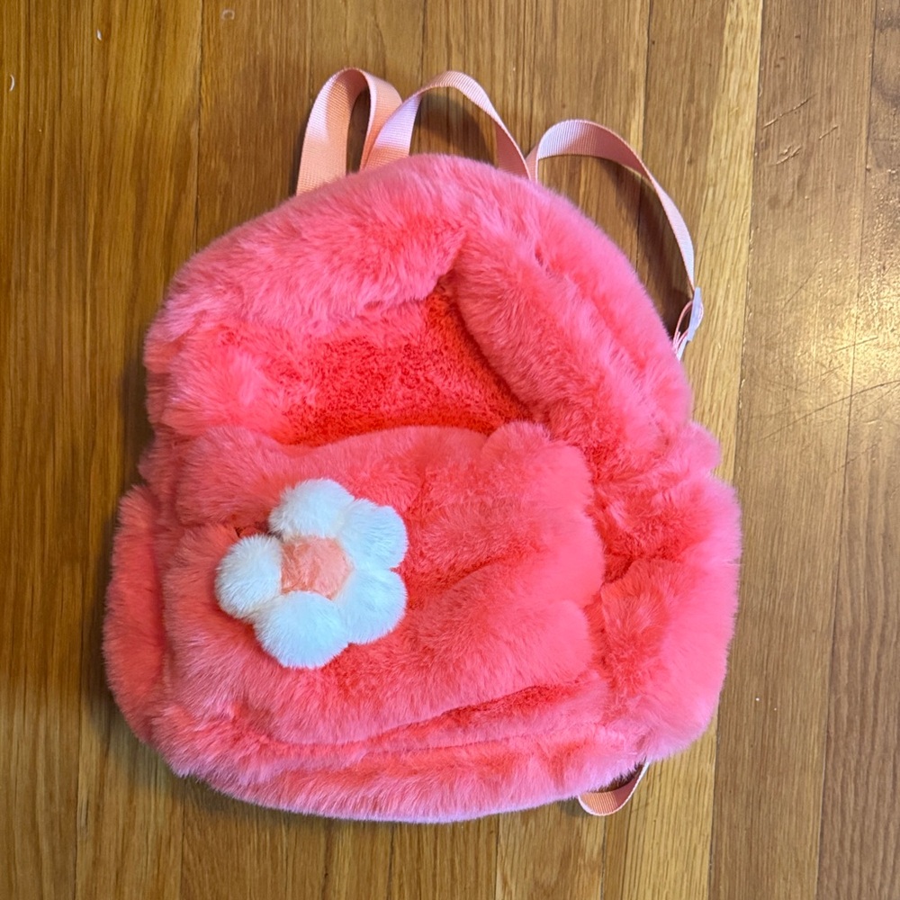 Claire's Fuzzy Pink Backpack with Flower Accent